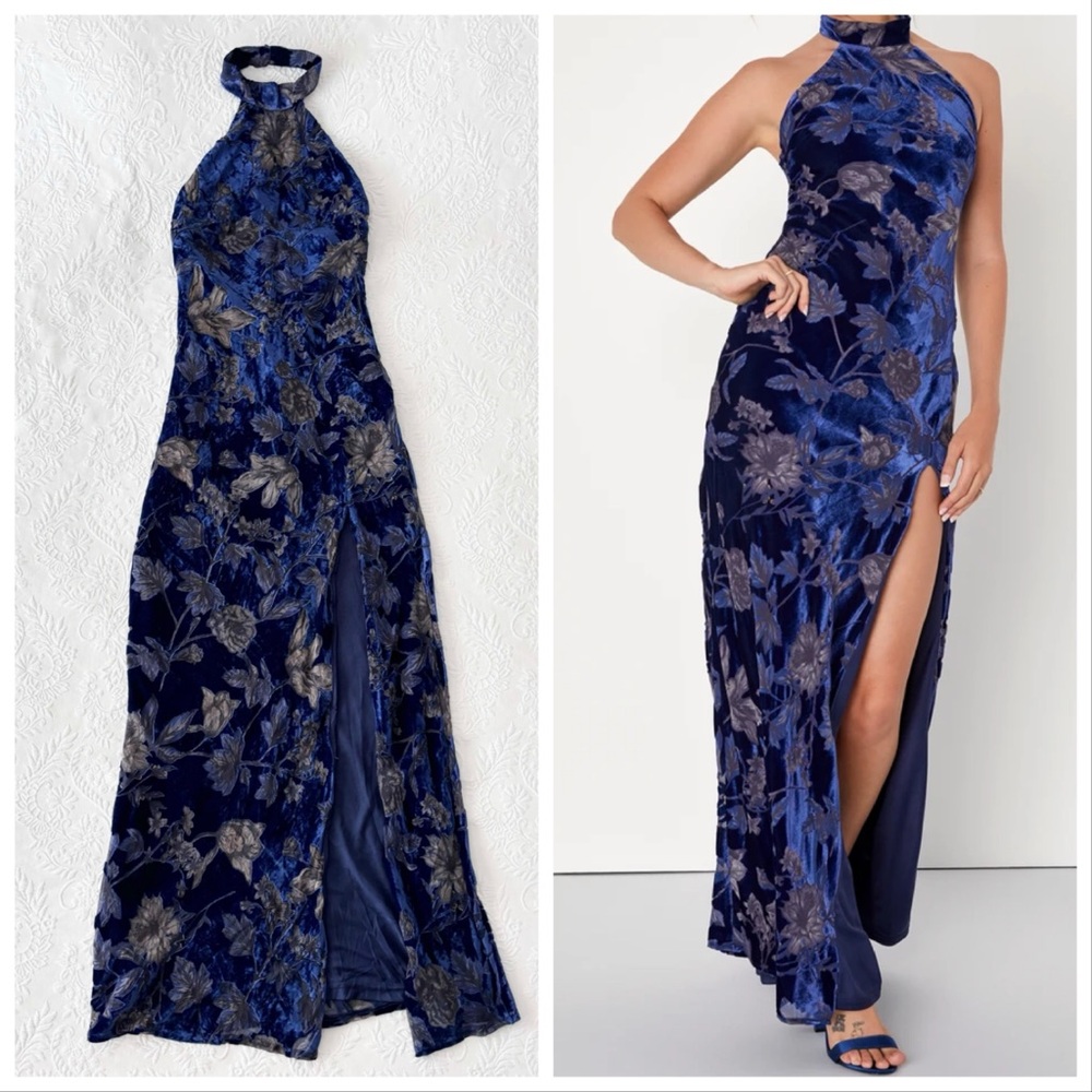 NWOT Lulus Dreamy Blossom Dark Blue Floral Burnout Velvet Halter Maxi Dress